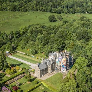 An aerial shot of the Kelburn Castle estate