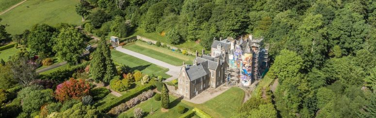 An aerial shot of the Kelburn Castle estate